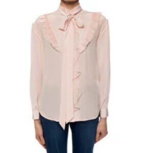 Coach Silk Tie-Neck Button-Up Ruffle Shirt Blouse Long Sleeve Size 8 Pink